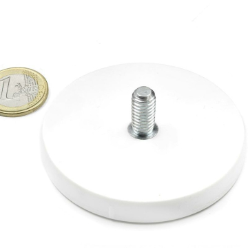 Rubber coated pot magnet with threaded stem 66x23 mm white